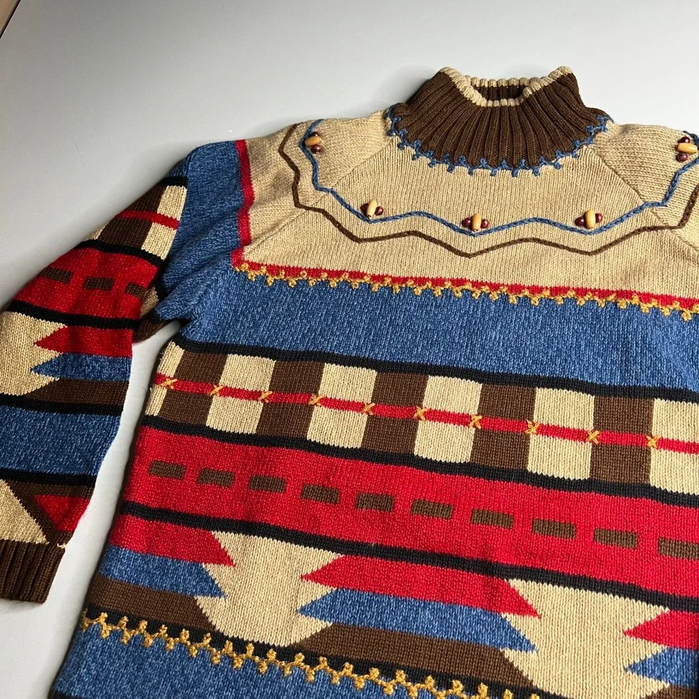 Lizsport Vintage Southwestern Geometric Beaded Ramie Cotton Sweater Small